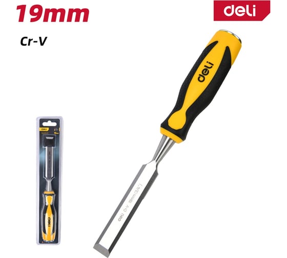 Плоская стамеска DELI 19мм DL6219-E1 (CrV сталь, рабочая длина 140мм, угол заточки 25 град, прорезиненная рукоять) 179420