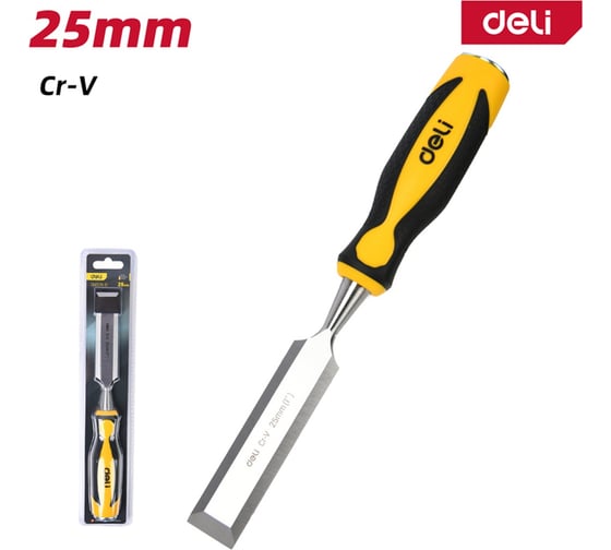Плоская стамеска DELI 25мм DL6225-E1 ( CrV сталь, рабочая длина 140мм, прорезиненная рукоять) 179422