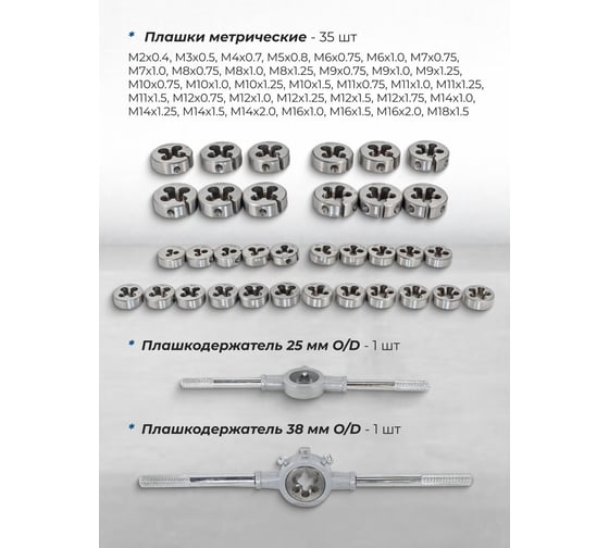 Набор метчиков и плашек Scheppach 110 предметов (2x0.4,3x0.5,4x0.7,5x0.8,6x0.75-1,8x0.75-1,25,9x0.75-1.25,10x0.75-1.5,11x0.75/1/1.25/1.5, 12x0.75-1.75,14x1-2,16x1-2,18x1.5) Sch-M110-1(64898)