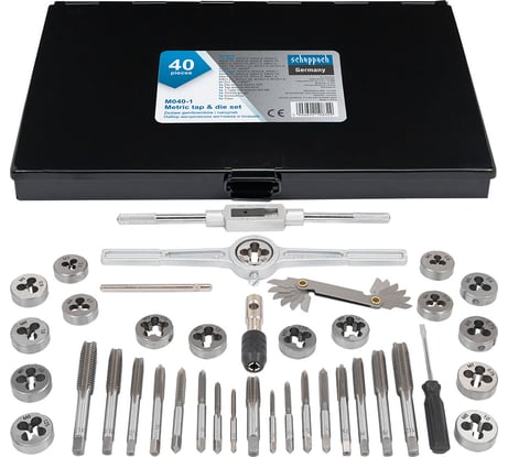 Набор метчиков и плашек метрический Scheppach 40 предметов (М3x0.5/0.6, М4x0.7/0.75, М5x0.8/0.9, М6x0.75/1, М7x0.75/1,М8x1/1.25, М10x1.25/1.5, М12x1.5/1.75) Sch-M040-1(64904)