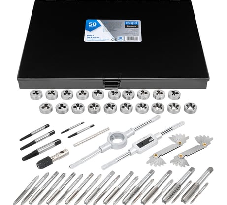 Набор метчиков и плашек Scheppach 50 предметов(М3x0.5,4x0.7,5x0.8,6x1.0,8x1.25;6,8,10-32;10,12-24;1/4-20/28,5/16-18/24,3/8-16/24,7/16-14/20,1/2-13,1/2-20) Sch-M050-3(64900)