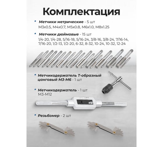 Набор метчиков и плашек Scheppach 50 предметов(М3x0.5,4x0.7,5x0.8,6x1.0,8x1.25;6,8,10-32;10,12-24;1/4-20/28,5/16-18/24,3/8-16/24,7/16-14/20,1/2-13,1/2-20) Sch-M050-3(64900)