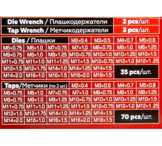 Набор метчиков и плашек JBC 110 предметов (2x0.4,3x0.5,4x0.7,5x0.8,6x0.75-1,8x0.75-1,25,9x0.75-1.25,10x0.75-1.5,11x0.75/1/1.25/1.5, 12x0.75-1.75,14x1-2,16x1-2,18x1.5) -B110-1(64895) JBC-B110-1(64895)