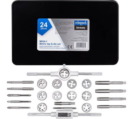 Набор метчиков и плашек метрический Scheppach 24 предмета (М5x0.8/0.9, М6x0.75/1, М8x1/1.25, М10x1.25/1.5, М12x1.5/1.75) Sch-M024-1(64906)