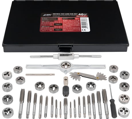 Набор метчиков и плашек JBC метрический 40 предметов (М3x0.5/0.6, М4x0.7/0.75, М5x0.8/0.9, М6x0.75/1, М7x0.75/1,М8x1/1.25, М10x1.25/1.5, М12x1.5/1.75) JBC-M040-1(64891)