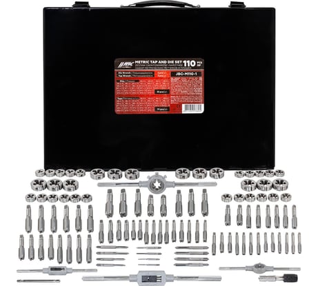 Набор метчиков и плашек JBC 110 предметов (2x0.4,3x0.5,4x0.7,5x0.8,6x0.75-1,8x0.75-1,25,9x0.75-1.25,10x0.75-1.5,11x0.75/1/1.25/1.5, 12x0.75-1.75,14x1-2,16x1-2,18x1.5) JBC-M110-1(64889)