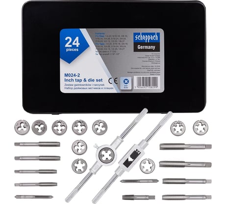 Набор метчиков и плашек Scheppach дюймовый 24 предмета (1/4, 5/16, 3/8, 7/16, 1/2) Sch-M024-2(64901)