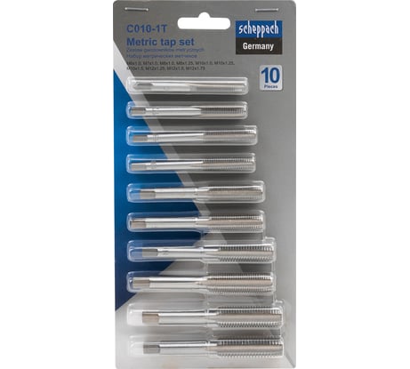 Набор метчиков метрический Scheppach 10 предметов (М6х1, М7х1, М8х1/1.25, М10х1/1.25/1.5, М12х1.25/1.5/1.75) Sch-C010-1T(64907)