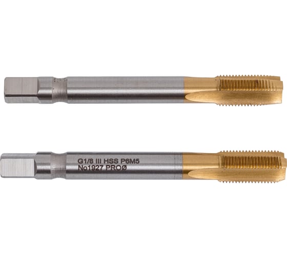 Метчик Профоснастка G 1/8 трубный цилиндрический дюйм, BSP руч комп-кт (I/III), HSS (Р6М5), TIN, ГОСТ 3266-81, прямой глух/скв отв (кв a=6,3 мм), № 1927 ТМ 52541927 1