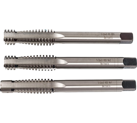 Метчик трапецеидальный Tr26х5 машинно-ручной HSS 3шт компл. L=210мм Beltools ri.118.3376