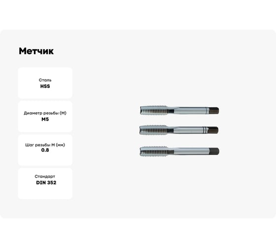 Метчик PROMAT ручной М5х0,8 комплект 3 шт HSS DIN 352 4000867112
