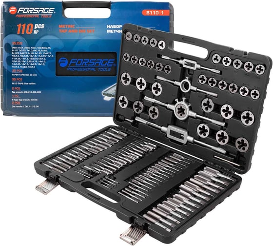 Набор метчиков и плашек Forsage 110 предметов (2х0.4,3х0.5,4х0.7,5х0.8,6х0.75-1,8х0.75-1,25,9х0.75-1.25,10х0.75-1.5,11х0.75/1/1.25/1.5, 12х0.75-1.75,14х1-2,16х1-2,18х1.5) F-B110-1 New(50251) 1