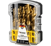 Набор сверл-метчиков KRANZ (М3х1, М4х1, М5х2, М6х2, М8х2, М10х2), Р6М5, титан, 10 шт, KR-91-0699