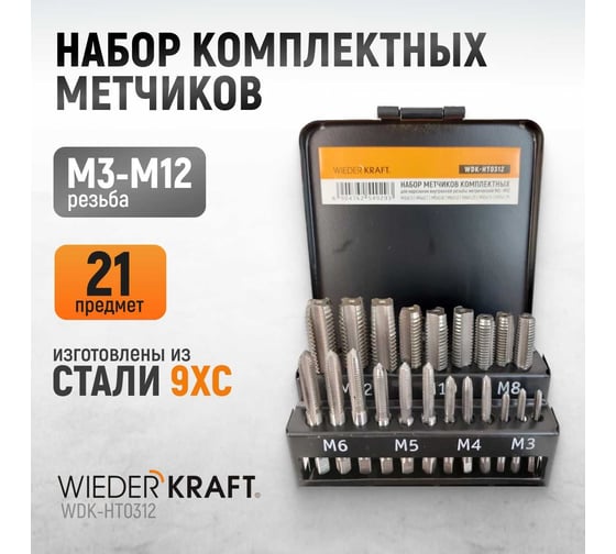 Набор комплектных метчиков WIEDERKRAFT М3-М12, 21 предмет WDK-HT0312