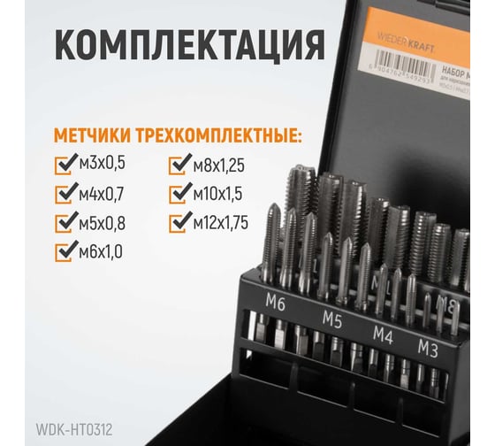 Набор комплектных метчиков WIEDERKRAFT М3-М12, 21 предмет WDK-HT0312
