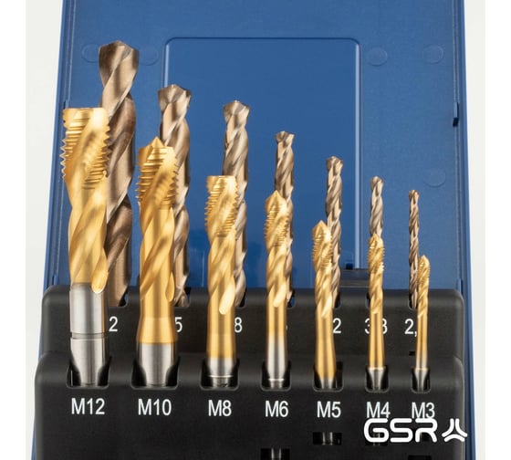 Набор машинных метчиков GSR С/RSP35 HSSE-TiN DIN371/376 M3-M10/M12 Silver 14 предметов BRB09100310