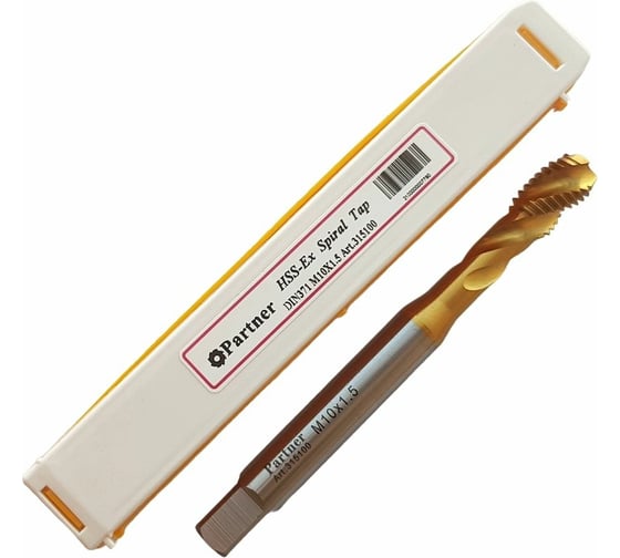 Метчик Partner M10х1.5 HSSE, DIN371, спиральная канавка, Н6, TiN 315100