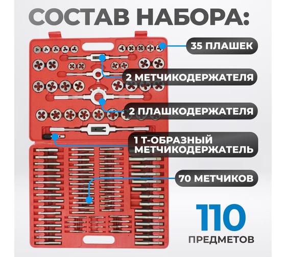 Набор метчиков и плашек Optimus М2-М18, метрическая резьба, 110 предметов OPT-MTDS110
