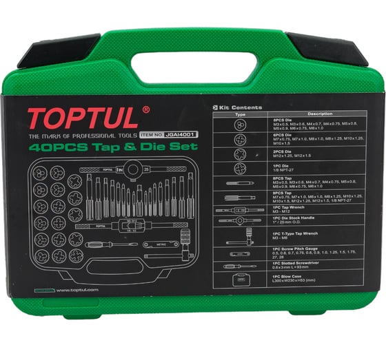 Набор метчиков и плашек TOPTUL М3-М12, 40 предметов JGAI4001