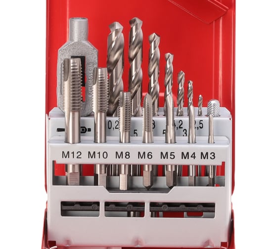 Набор машинно-ручных метчиков HSS M3-M12+вороток+сверла, 15шт RUKO 245004