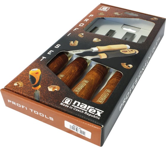 Набор из 4 плоских стамесок с ручкой NAREX WOOD LINE PLUS 6, 12, 20, 26 мм 863201