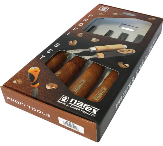 Набор из 4 плоских стамесок с ручкой NAREX WOOD LINE PLUS 8, 10, 16, 32 мм 863202
