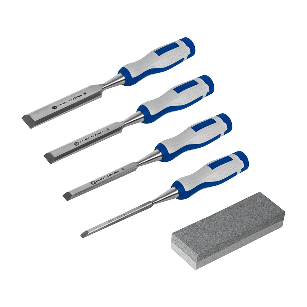 Наборплоскихстамесок:6,12,18,24мм,длина140мм,CR-V,двухкомпонентныерукоятки,точильныйкамень,4шт,кейсКОБАЛЬТ245-695