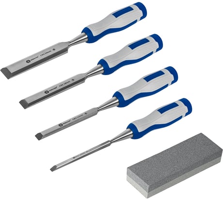 Набор плоских стамесок: 6, 12, 18, 24мм, длина 140мм, CR-V, двухкомпонентные рукоятки, точильный камень, 4шт, кейс КОБАЛЬТ 245-695