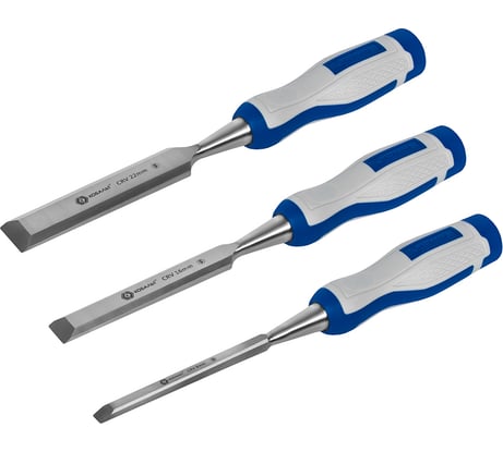 Набор плоских стамесок: 8, 16, 22мм, длина 140мм, CR-V, двухкомпонентные рукоятки, 3шт КОБАЛЬТ 245-664