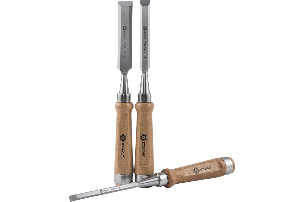 Набор плоских стамесок: 8, 16, 22мм, длина 140мм, CR-V, деревянные ...