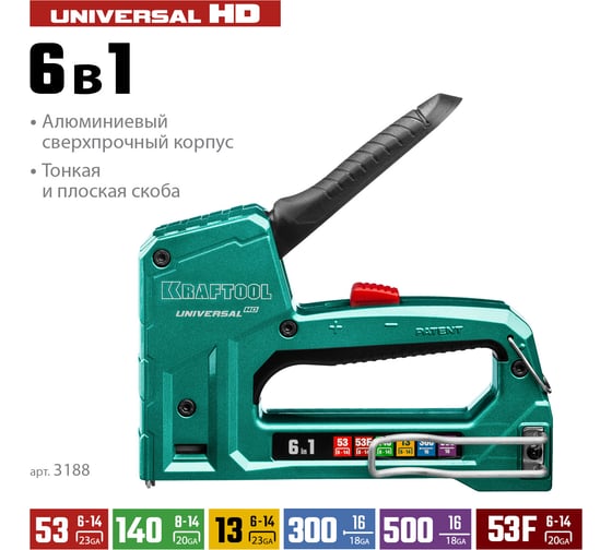 Алюминиевый cтеплер 53 (6-14мм)/140 (8-14мм)/13/ 53F/300/500 KRAFTOOL Universal-HD 3188