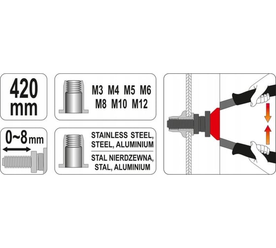 Заклепочник для резьбовых заклепок YATO М3-М12 YT-36125