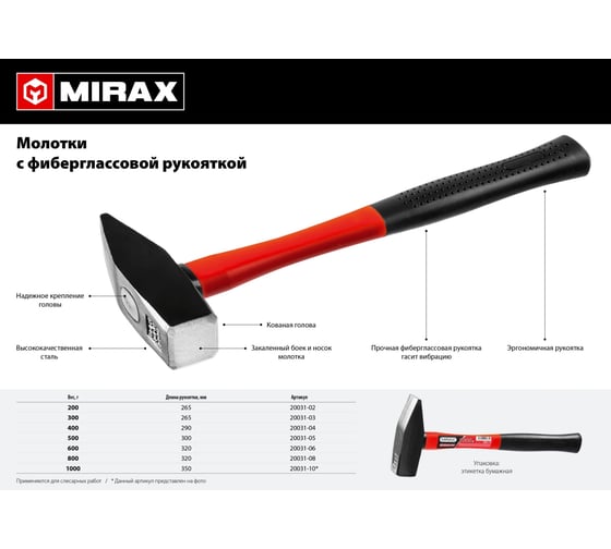 Молоток MIRAX 600 г, с фиберглассовой рукояткой 20031-06