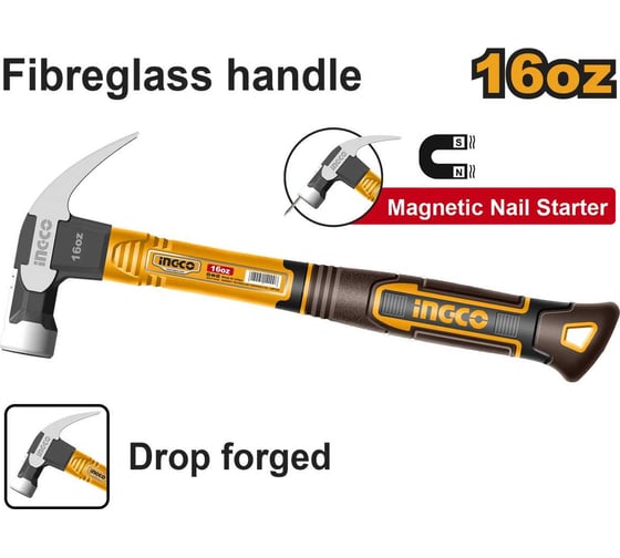 Гвоздодер-молоток INGCO 450г, ручка фибергласс, нескольз HCH81016