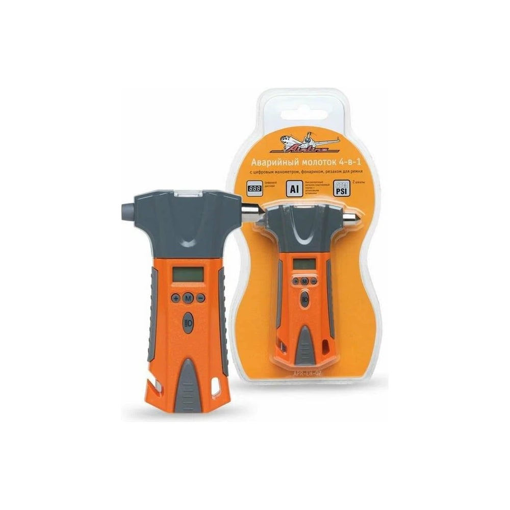 Аварийный молоток 4-в-1 Airline с манометром, фонариком, резаком для ...