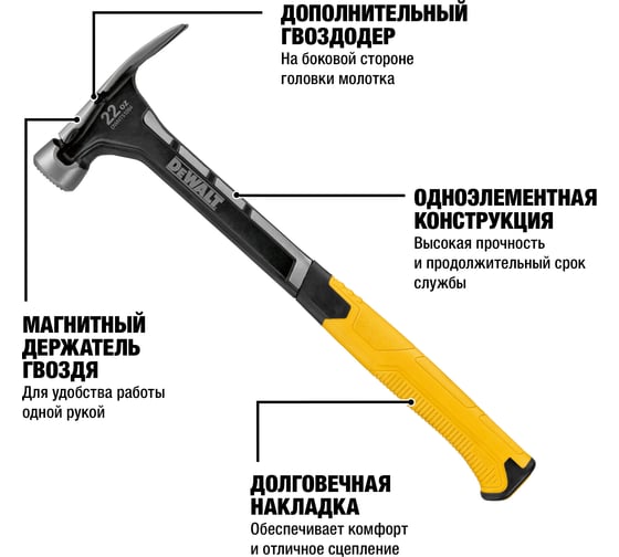 Молоток DEWALT одноэлементный, с прямым гвоздодером, 624 г DWHT0-51064 2