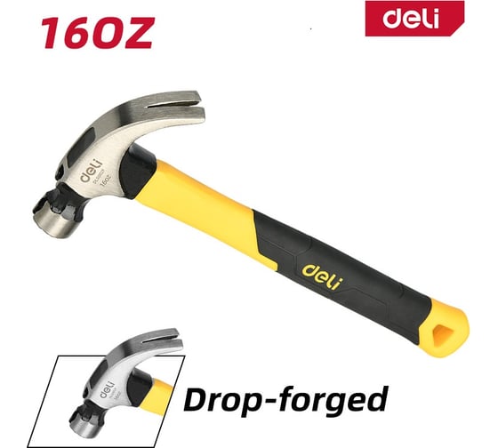Молоток-гвоздодер DELI DL5002F 450гр, магнит, противоскользящий боек, фибергласовая рукоять 168272