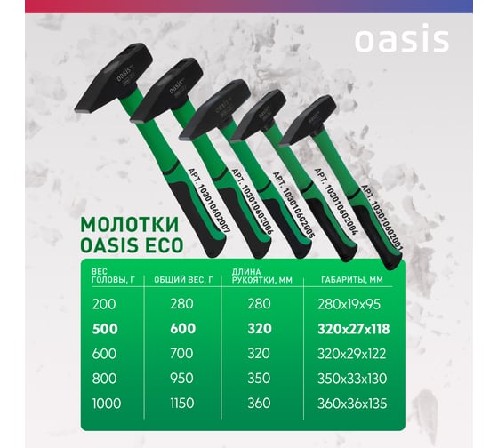 Слесарный молоток OASIS с обрезиненной фибергласовой рукояткой Eco 500 г 103010602004