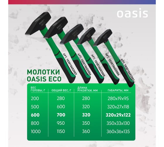Слесарный молоток OASIS с обрезиненной фибергласовой рукояткой Eco 600 г 103010602005 4640130995850