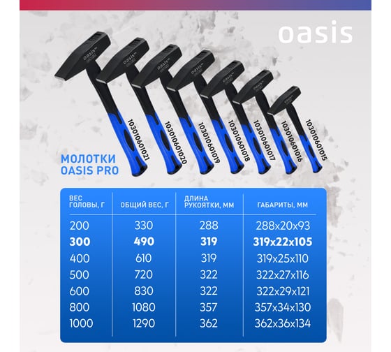 Слесарный молоток OASIS с обрезиненной фибергласовой рукояткой Pro 300 г 103010602016