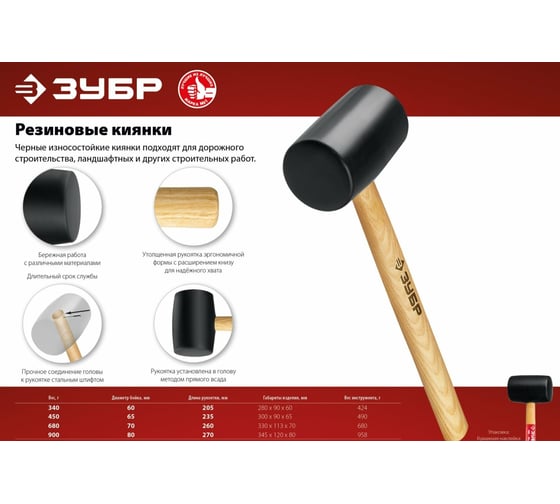 Чёрная резиновая киянка с деревянной рукояткой ЗУБР 450г 2050-65_z02