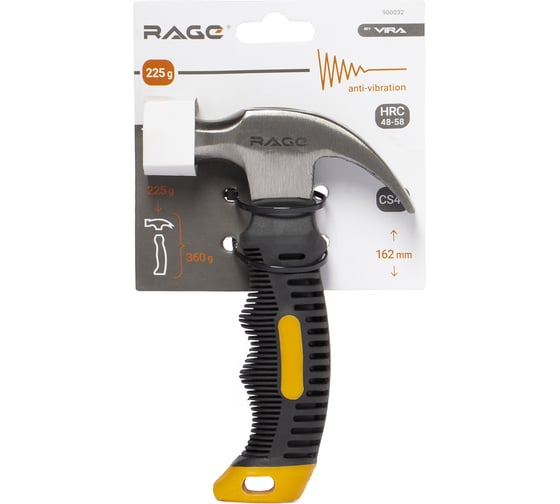Укороченный молоток-гвоздодер с фибергласовой рукояткой RAGE by VIRA, 225г 900032