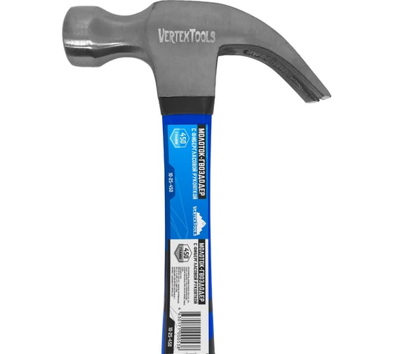 Молоток-гвоздодер vertextools 450 г, фибергласовая обрезиненная рукоятка 10-25-450