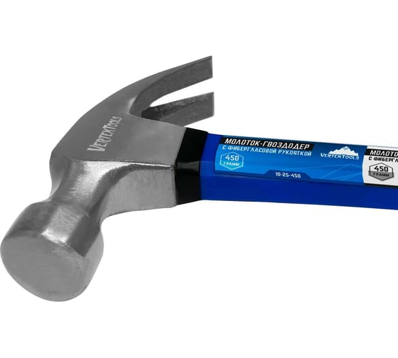 Молоток-гвоздодер vertextools 450 г, фибергласовая обрезиненная рукоятка 10-25-450