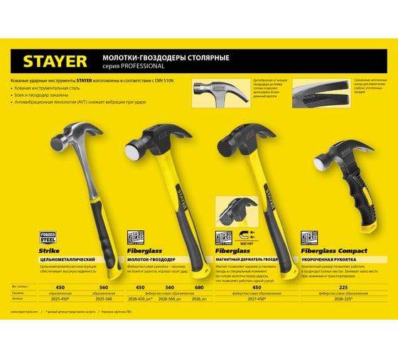 Молоток-гвоздодер с фибергласовой рукояткой STAYER Fiberglass 680 г 2026_z01