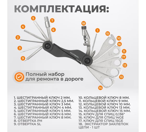 Велоинструмент складной мультитул WIEDERKRAFT 18 в 1 WDK-21801