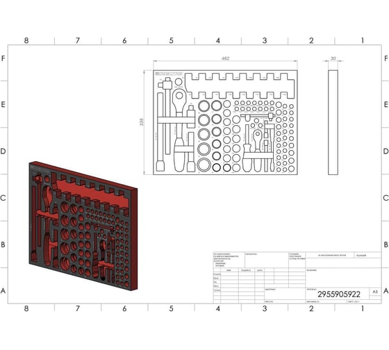 Пустой ложемент EVA IZELTAS красно черный, для торцевых головок 1/2"+1/4" 102 предмета, габариты 462x335 мм 2955905922