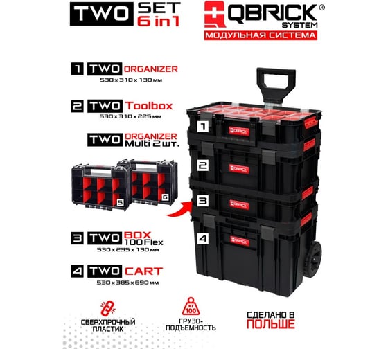 Набор ящиков QBRICK SYSTEM TWO 6 в 1 (TWO CART+TOOLBOX+ ORGANIZER MULTI (2 шт.)+BOX 100 FLEX+ORGANIZER) 2631-52