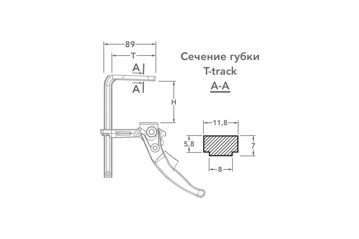 Струбцина WOODWORK кованая, F-тип, 160x60 мм, c рычажной рукояткой для  установки в т-паз. усилие прижима до 160 кг RTC-1660