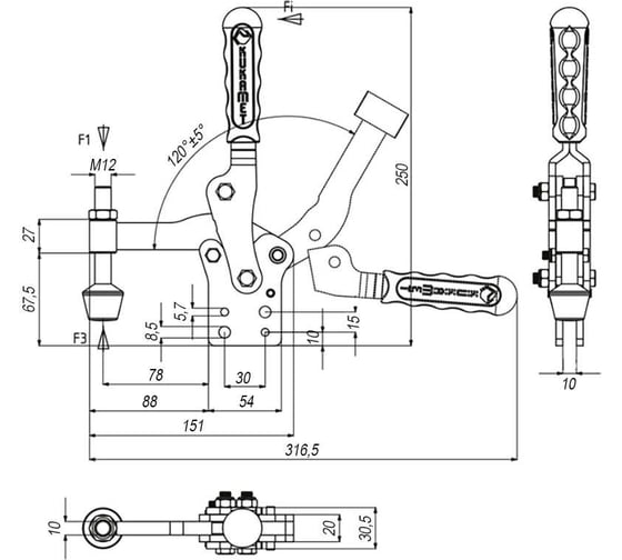Вертикальный прижим KUKAMET до 500 кг 242-4-S